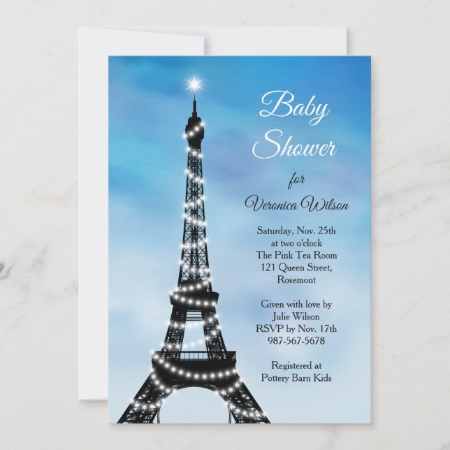 Invitation Baby shower parisien pétillant bleu d'invitation (Devant)