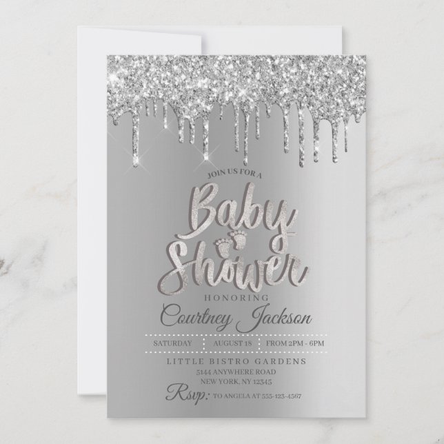 Invitation Baby shower Parties scintillant argent (Devant)