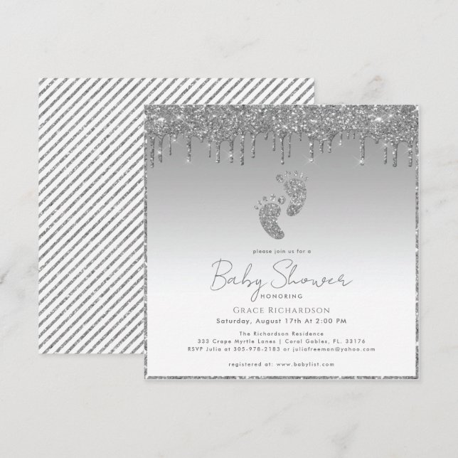Invitation Baby shower Parties scintillant argent (Devant / Derrière)