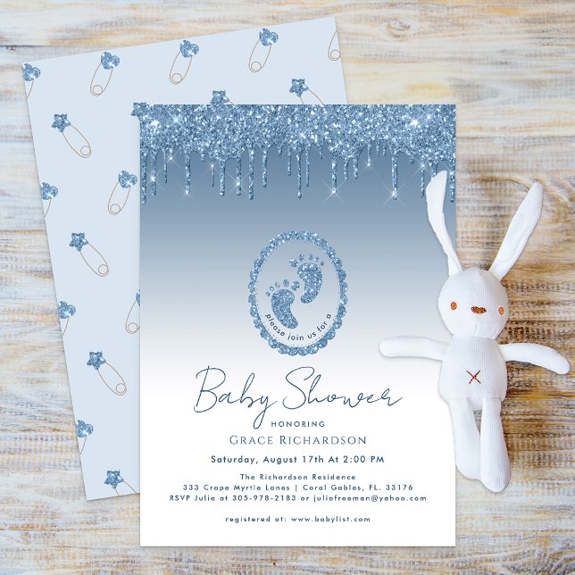 Invitation Baby shower Parties scintillant bleue (Blue Glitter Elegant Baby Shower Invitation)