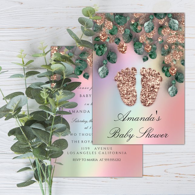Invitation Baby shower Parties scintillant Pieds Rose Parties (Baby Shower Glitter Feet Rose Glitter Green Invitation)