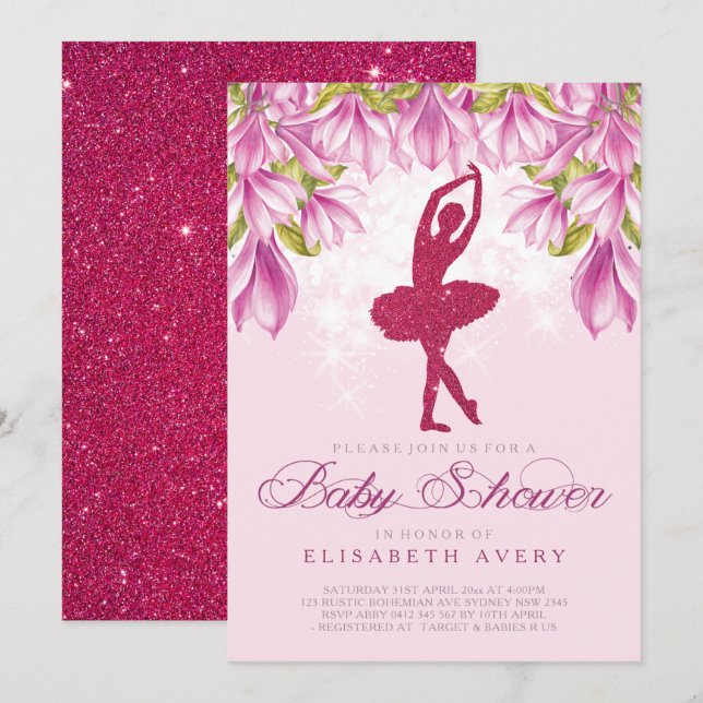 Invitation Baby shower Parties scintillant rose Ballerina (Devant / Derrière)