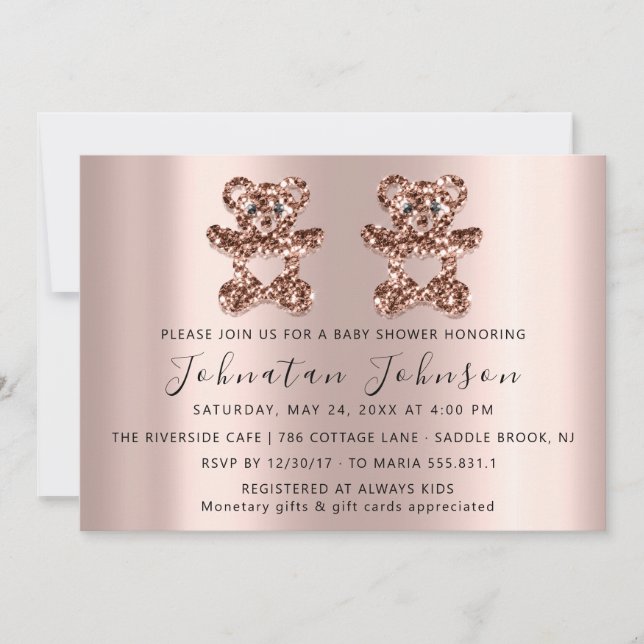Invitation Baby shower Parties scintillant Rose Jumeaux ours  (Devant)