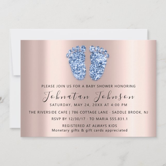 Invitation Baby shower Parties scintillant Rose Pieds Bleus G (Devant)