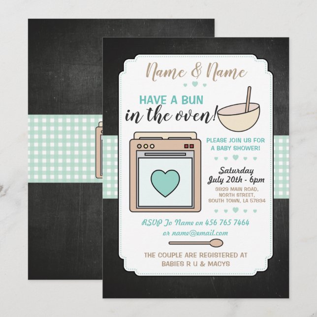 Invitation Baby shower Party Bun dans le four Révélation de g (Devant / Derrière)