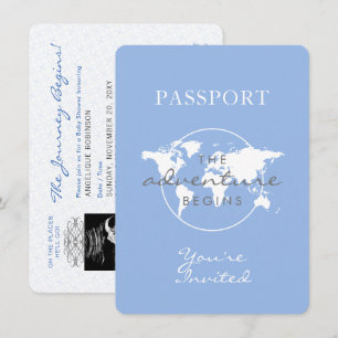 Invitation Baby shower Passport Voyage Thème Dusty Blue