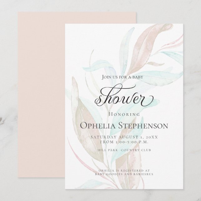 Invitation Baby shower | Pastel Aquarelle Foliing Sispy (Devant / Derrière)