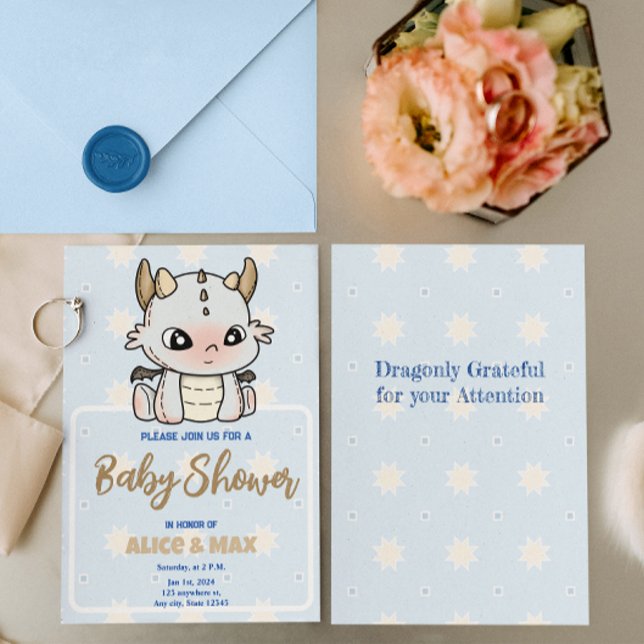 Invitation Baby shower Pastel Blue Grey Baby Dragon (Créateur téléchargé)