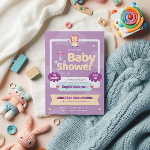 Invitation Baby shower Pastel Purple - Lion mignon