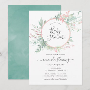 Invitation Baby Shower Pastel Rose Pâle et Feuillage Géométri