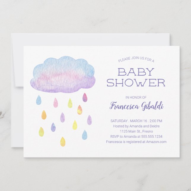 Invitation Baby shower Pastel Watercolor Cloud Raindrops (Devant)