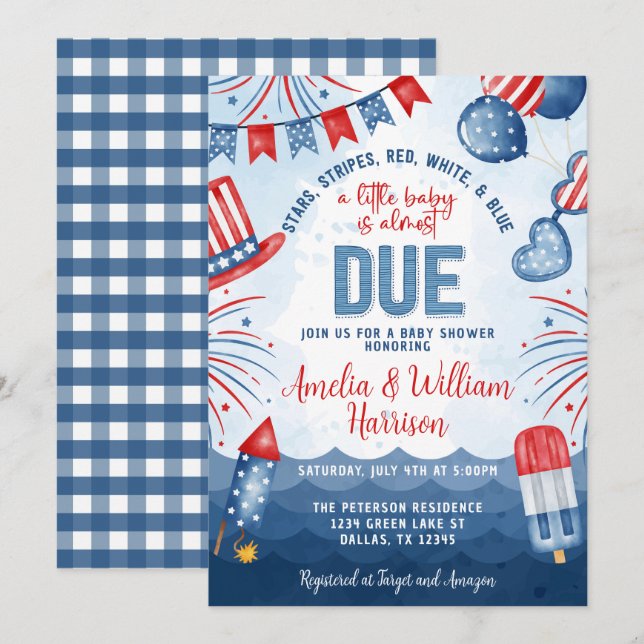 Invitation Baby shower Patriotique 4 juillet Fireworks (Devant / Derrière)