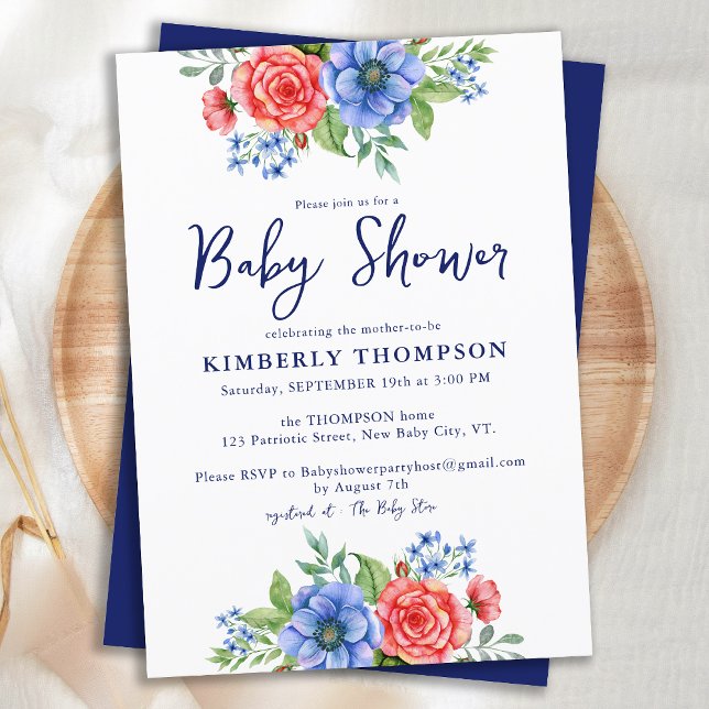 Invitation Baby shower Patriotique Floral Rouge Bleu (Créateur téléchargé)