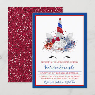 Invitation Baby shower patriotique Unicorne Rouge Blanc Bleu 