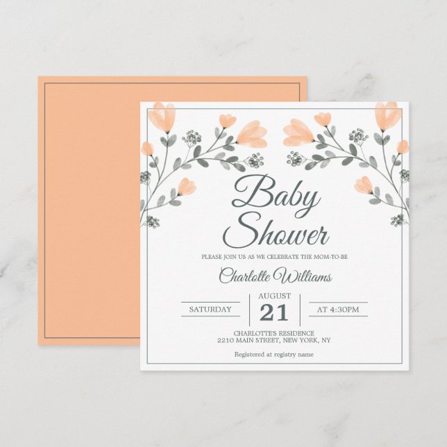 Invitation Baby shower Peach Sage Vert Fleurs délicates (Devant / Derrière)