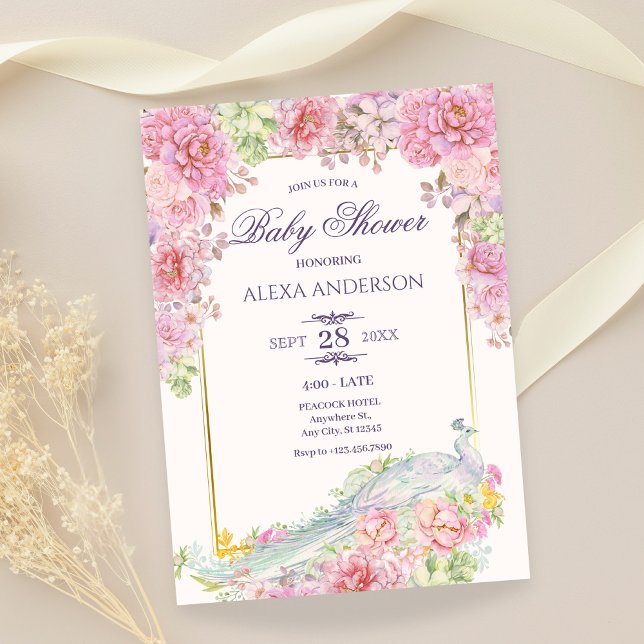 Invitation Baby shower Peacock Fleurs Roses (Créateur téléchargé)