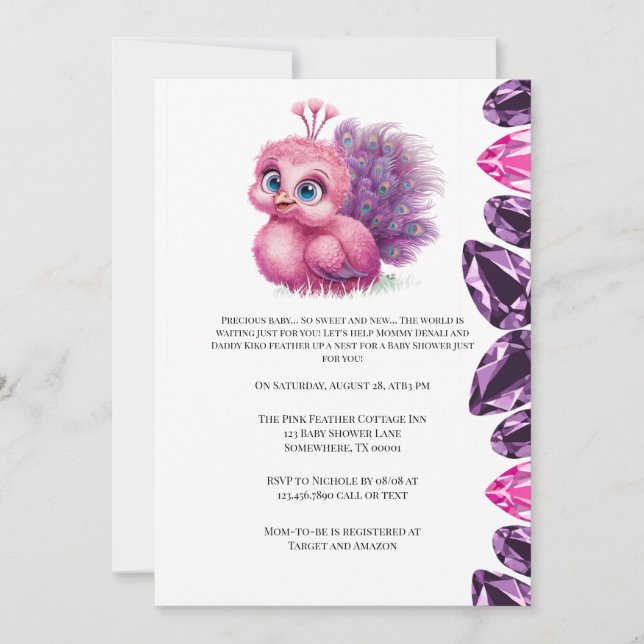 Invitation Baby shower Peacock pour bébé rose et pourpre (Devant)
