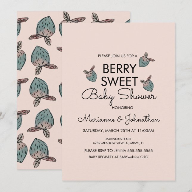 Invitation Baby shower peint à la main de fraises douces (Devant / Derrière)