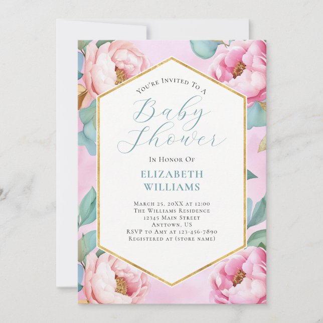 Invitation Baby shower Peonies vertes à la menthe rose (Devant)