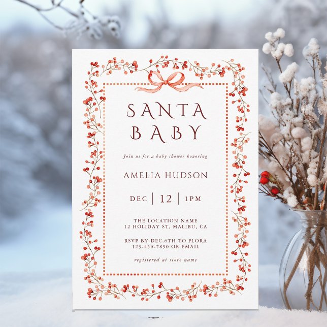 Invitation Baby shower Père Noël à cadre d'airelle rouge (Créateur téléchargé)