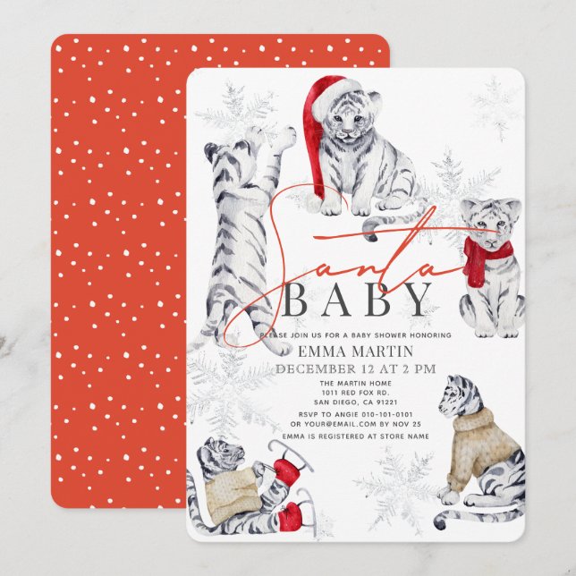Invitation Baby shower père Noël Baby White Tiger Snowflakes (Devant / Derrière)
