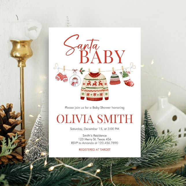 Invitation Baby shower Père Noël de Noël (Christmas Santa Baby Clothesline Baby Shower Invitation)