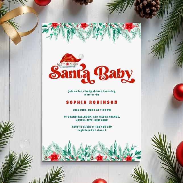 Invitation Baby shower Père Noël Retro Script Winter Greenery (Créateur téléchargé)