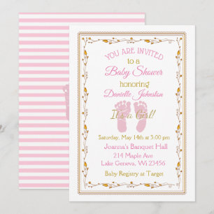 Invitation Baby shower personnalisé de bébé fille rose et or