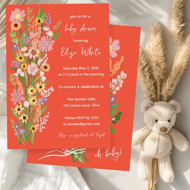 Invitation Baby shower personnalisé peint à la main fleur sau (Wildflowers Handpainted Custom Baby Shower Invitation Orange
)