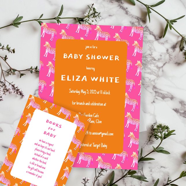 Invitation Baby shower personnalisé Zèbres colorés mignons (Cute Colorful Zebras Custom Baby Shower Invitation Pink Orange Bold Bright
)