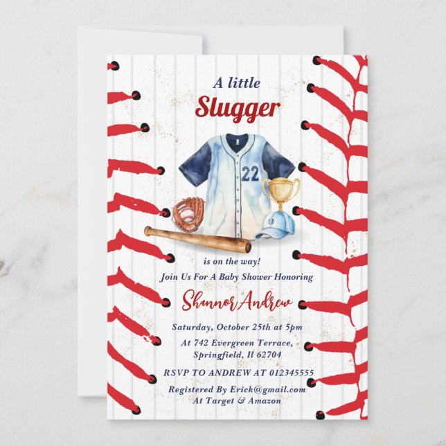 Invitation Baby shower personnel de base-ball Little Slugger (Devant)