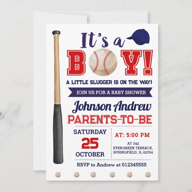 Invitation Baby shower personnel de base-ball Little Slugger (Devant)
