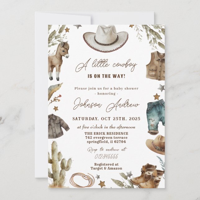 Invitation Baby shower personnel Western CowBoy (Devant)