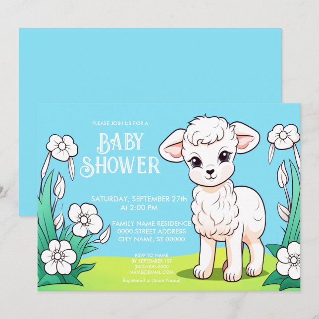 Invitation Baby shower petit agneau (Devant / Derrière)