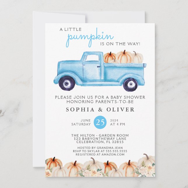 Invitation Baby shower petit Citrouille Blue Boy Couples (Devant)