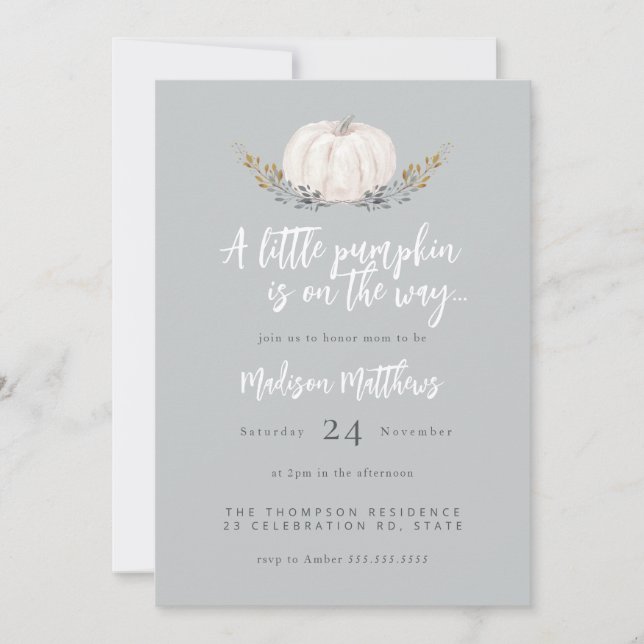 Invitation Baby shower "Petit Citrouille" d'automne de charme (Devant)