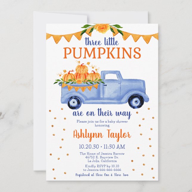 Invitation Baby shower petit Citrouille triplet garçon (Devant)