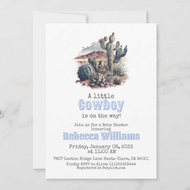 Invitation Baby shower petit cowboy Western Blue Boy (Devant)