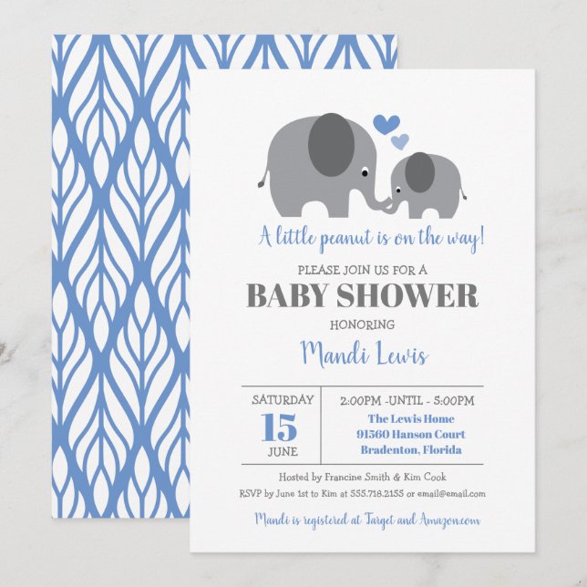Invitation Baby shower petit éléphant d'arachide bleu garçon (Devant / Derrière)