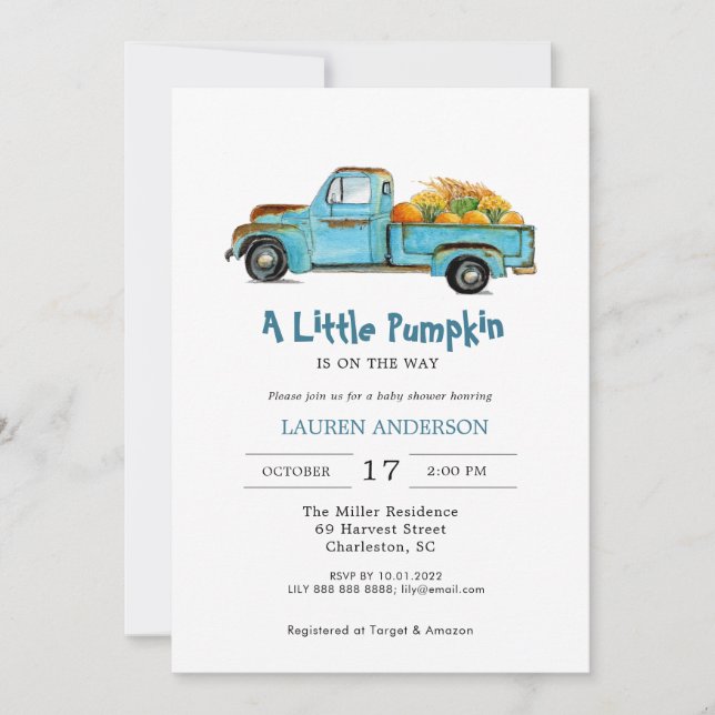 Invitation Baby shower petit garçon Citrouille (Devant)