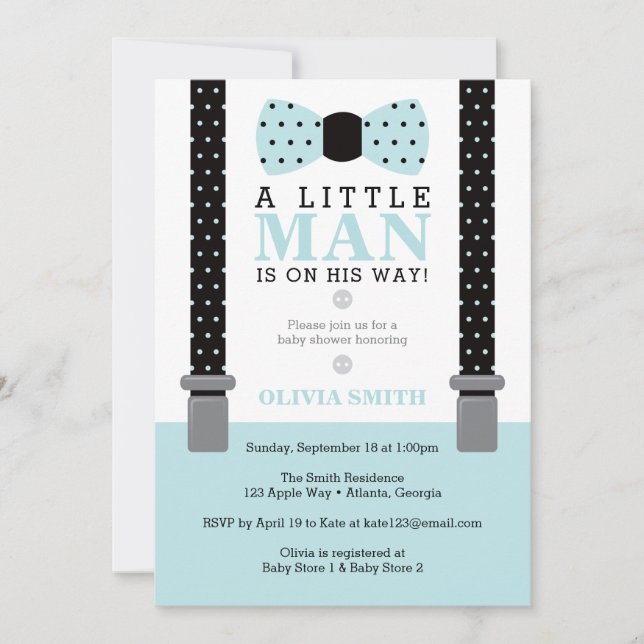 Invitation Baby shower Petit Homme, Bleu, Noir (Devant)