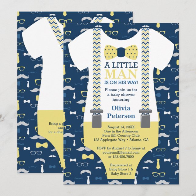 Invitation Baby shower Petit Homme, Jaune, Bleu (Devant / Derrière)