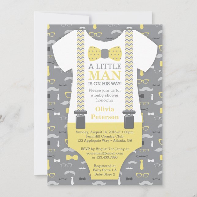 Invitation Baby shower Petit Homme, Jaune, Gris (Devant)