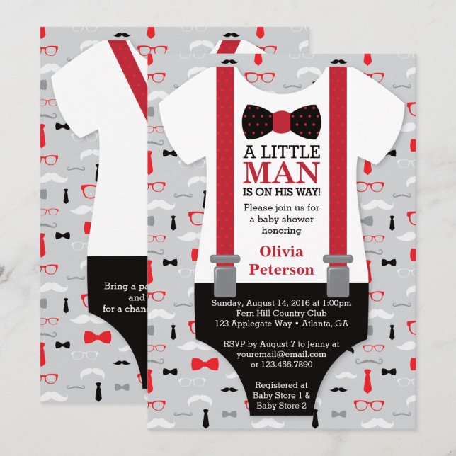 Invitation Baby shower petit homme, noir, rouge (Devant / Derrière)