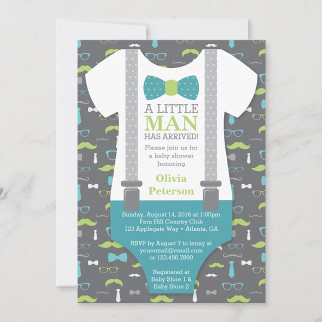 Invitation Baby shower Petit Homme, Turquoise, Ver (Devant)