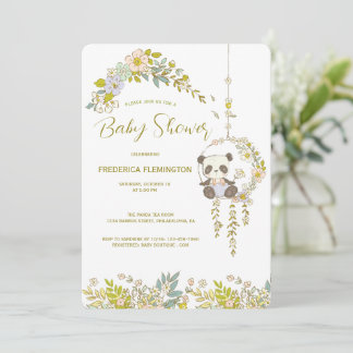 Invitation Baby Shower Petit Panda Dans Une Balançoire Fleuri