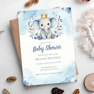 Invitation Baby Shower Petit Prince Éléphant Floral Bleu