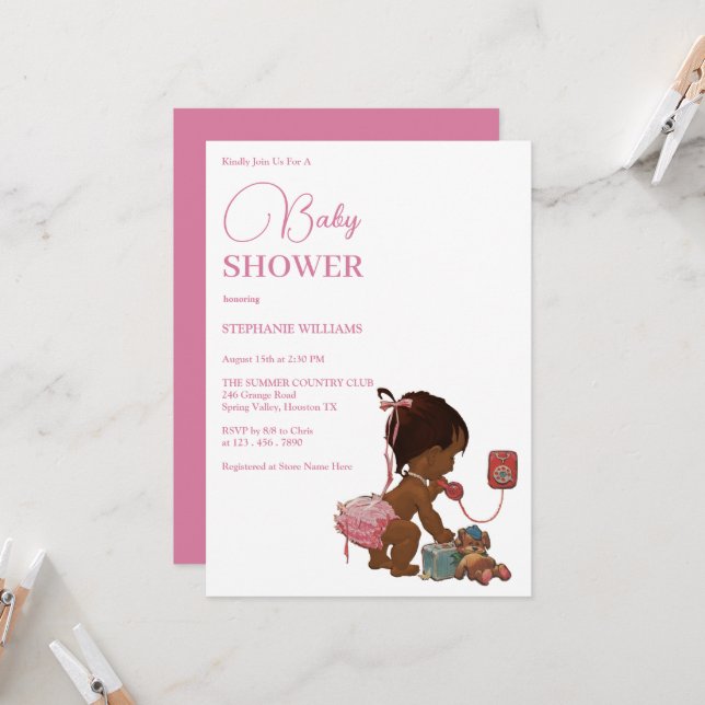Invitation baby shower "Petite fille ethnique qui appelle" (Devant/Arrière en situation)
