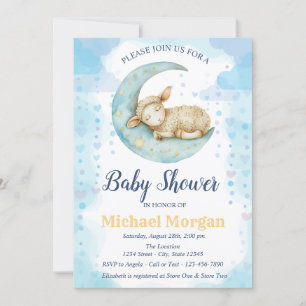 Invitation Baby Shower Petits Moutons Cœurs Lune Bleus