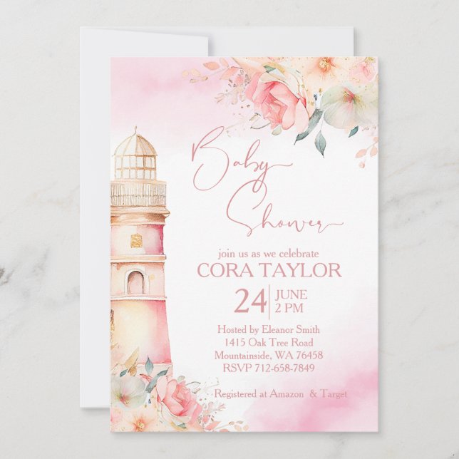 Invitation Baby shower phare fleuri Boho bleu et or (Devant)